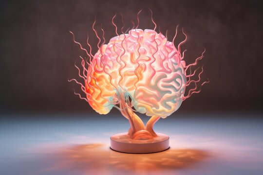 Illustration of a colorful brain lamp sitting on top of a table created using generative AI