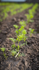 seedlings of young carrots in the garden in early spring
