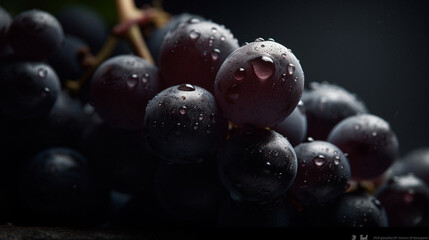Fototapeta premium Bunch of black grapes with drops of water on a dark background. Generative AI