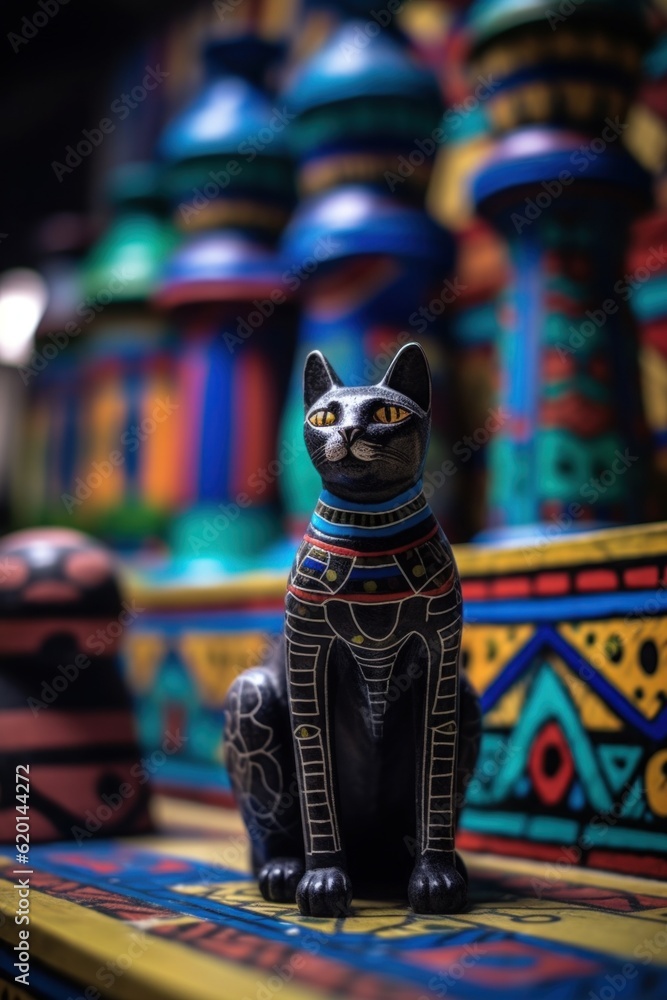 Poster a statue of a cat-like ancient egyptian goddess bastet sitting on top of a table. generative ai imag