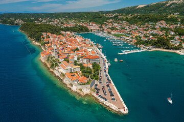 Aerial view of the old town of Rab, the Adriatic Sea in Croatia
