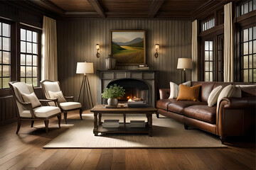 Design a cozy and inviting country farmhouse-Interior design of a inspired living room using natural materials, such as distressed wood and wrought iron, along with warm earth tones.