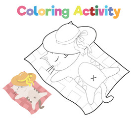 Simple colouring page with summer theme. A cute and kawaii cat sleeping on the beach. Coloring activity for kids. Vector file.
