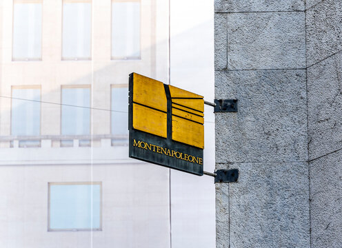 ign of Via Monte Napoleone, main street of the high-class shopping district in Milan city center, with boutiques and retail outlets which of world's major fashion houses, Milan, Italy