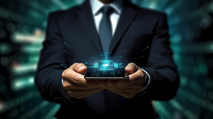 Businessman holding a digital Phone - AI generated.