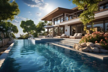 Exterior of a modern house and swimming pool. Generative AI
