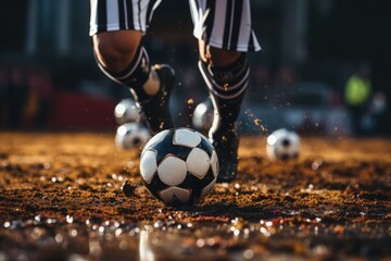 Football soccer ball at the kickoff of a game. Generative AI