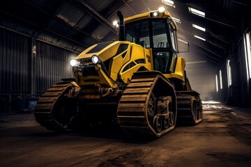 Fototapeta na wymiar Illustration of a yellow bulldozer parked inside a warehouse created using generative AI