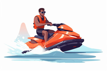 Generative AI. Cheerful man rides a jet ski. Summer vacation leisure, extreme watersports and resort beach activities. Isolated tourist vector character in life vest and sunglasses, dashing on water 