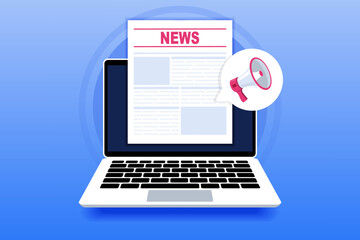 Online news. Online reading news. News website on laptop screen. Laptop with newspaper, news site. News webpage, information about events, activities. Vector Illustrations - obrazy, fototapety, plakaty