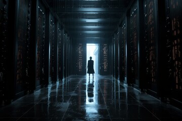 Illustration of a person standing in a dark hallway surrounded by flowing data streams created using generative AI