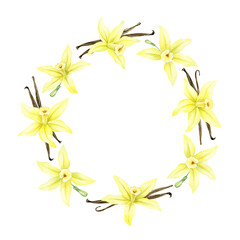 Frame of yellow vanilla flowers and pods. Wreath with tropical exotic flowers. Watercolor illustration. Isolated. Flavoring for cooking. For greeting cards, postcard, scrapbooking, packaging design