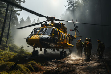 Helicopter search and rescue team airlifting a lost hiker from a remote wilderness area, Rescue Service 911 Generative AI