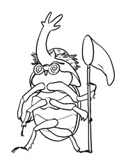 虫取り網を持って麦わら帽子をかぶったカブトムシのイラストの線画