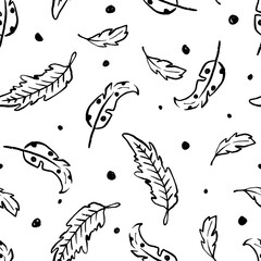 Flying Feathers in Black Ink Vector Seamless Pattern