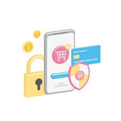 Contactless payment by debit, credit card, gold coins, cash purchases in basket in online store. Data protection with 3D shield, padlock. Successful, banking transaction with checkmark in smartphone.