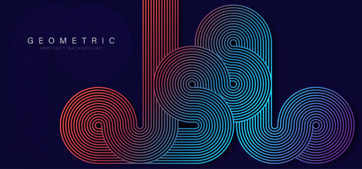 Abstract gradient geometric lines pattern on dark blue background. Retro style. Geometric stripe line art design. Suit for poster, banner, brochure, cover, presentation, website, flyer