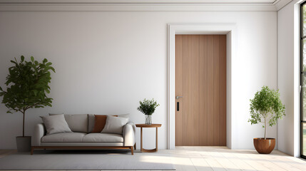 simple minimalism living room, wooden floor, door, white and gray interior Generative AI