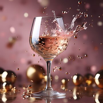 Champagne glasses bouncing silver stars on pink background stock photo