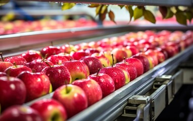 A row of red apples on a conveyor belt. AI
