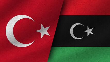 Libya and Turkey Realistic Two Flags Together, 3D Illustration