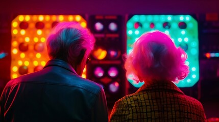Back view senior couple are dancing on the disco. Generative AI