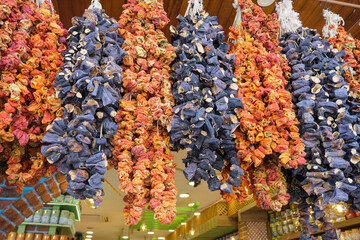 Dried peppers and aubergines in a famous local bazaar in Gaziantep, Turkey.