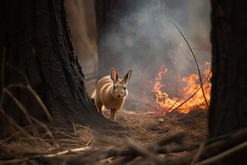 Illustration of n animal escaping from a burning woodpile. Generative AI.