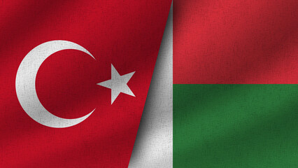 Madagascar and Turkey Realistic Two Flags Together, 3D Illustration