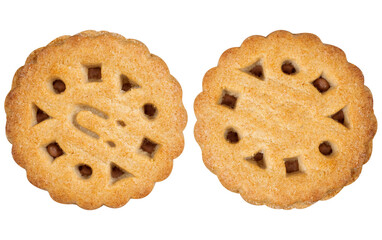 Two cookies on an isolated white background, top view.