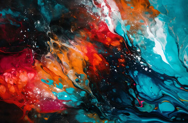 Blue-red-orange abstraction with swirls of black.