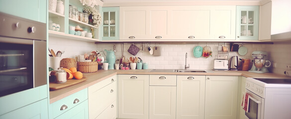 portrait of kitchen room interior with kitchenware layout, generative ai