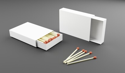 3d illustration of matchbox with matchsticks on grey background