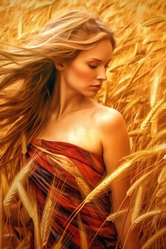 Sif, a norse, scandinavian pagan golden-haired goddess associated with earth. Generative AI image.