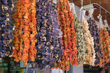 Dried peppers and aubergines in a famous local bazaar in Gaziantep, Turkey.