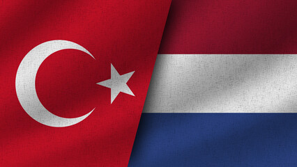 Netherlands and Turkey Realistic Two Flags Together, 3D Illustration