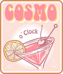 Cosmopolitan cocktail with lime and cherry for summer party. Ping alcochol cocktail for beash bar. Cosmo with vodka and cranbery for design of menu