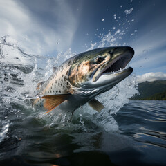 Fototapeta premium Astonishing Salmon Moments: Crystal Clear Water and Elongated Beauty, generated by IA 