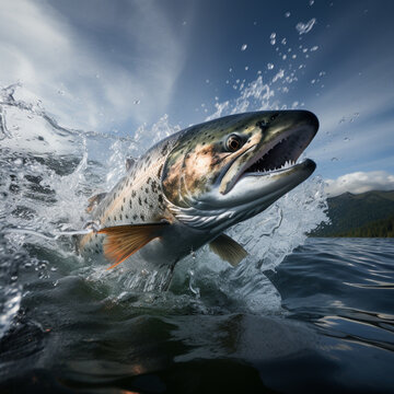 Astonishing Salmon Moments: Crystal Clear Water and Elongated Beauty, generated by IA 