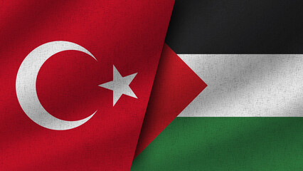 Palestine and Turkey Realistic Two Flags Together, 3D Illustration