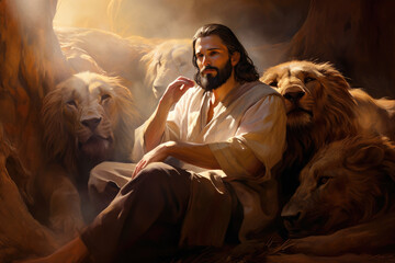 Daniel at the Lions Den Jesus Christ Lion of the Tribe of Judah Generative AI Illustration - obrazy, fototapety, plakaty
