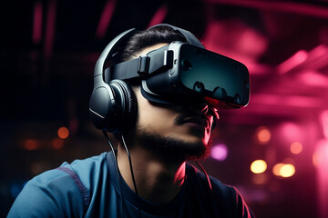User immersed in augmented reality environment wearing a VR headset, seamlessly blending digital elements with physical world, experiencing innovative gaming and learning opportunities. Generative AI
