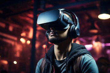 User immersed in augmented reality environment wearing a VR headset, seamlessly blending digital elements with physical world, experiencing innovative gaming and learning opportunities. Generative AI