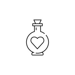 Love chemistry line icon. Test tube, love fluid with heart. Happy Valentine day sign. Chemistry love icon Vector illustration