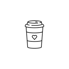 Take away coffee cup line icon. Coffee cup logo. Coffee cup icon with heart. Vector illustration