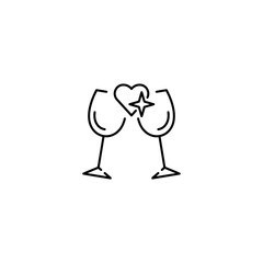 Two glasses of wine in heart shape line icon. Two glasses toasting with floating heart. Vector illustration