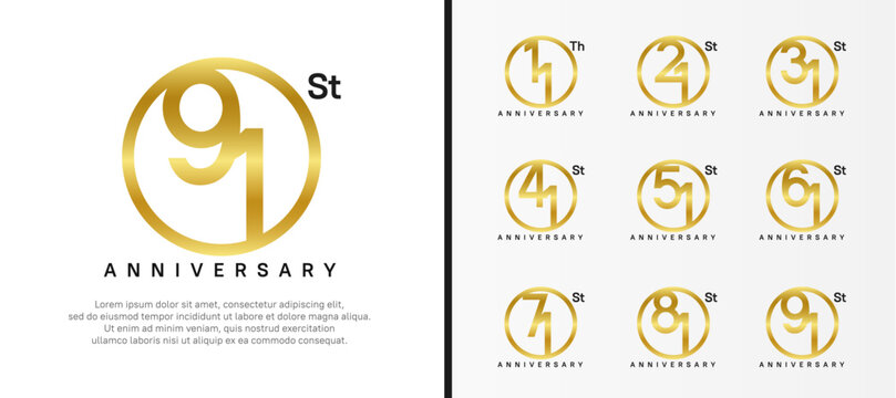 set of anniversary logo golden color number in circle and black text on white background for celebration