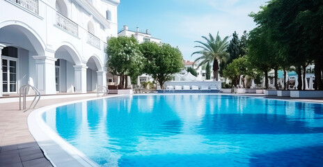 Fototapeta na wymiar Luxurious outdoor swimming pool with blue water.