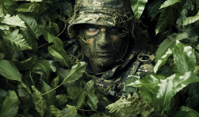 Soldier hiding in the green. Disguised sniper. - obrazy, fototapety, plakaty