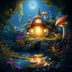 A house in the forest with animals at night